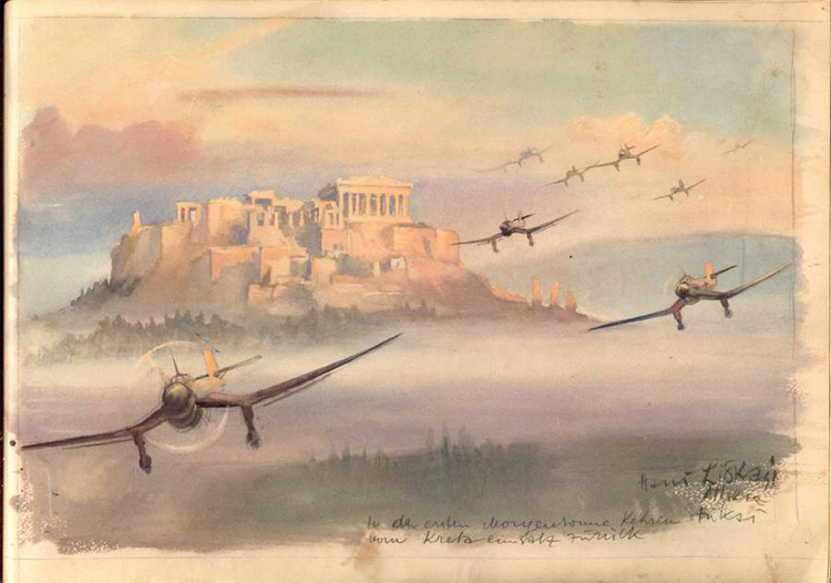 Stukas returning back from their mission at Crete in the first light of the rising sun