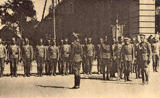 Trooping of the colours of the Horse Guards after a review at Insterburg (East Prussia) in August 1914