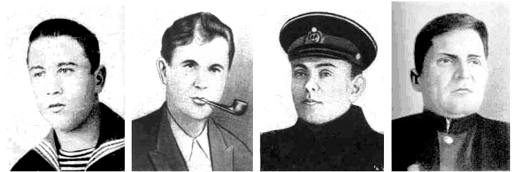 Tripulación de Sibiryakov: señalizadores Alexeyev, técnico de radio Sharshavin, artillero Nikiforenko, fogonero Vavilov