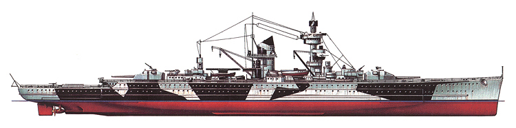 Almirante Scheer.  En 1942 se reconstruyó el castillo de proa para hacerlo menos visible desde la distancia.  El patrón de camuflaje fue diseñado con proa y popa pintados de color claro para hacer que el crucero de batalla parezca más corto