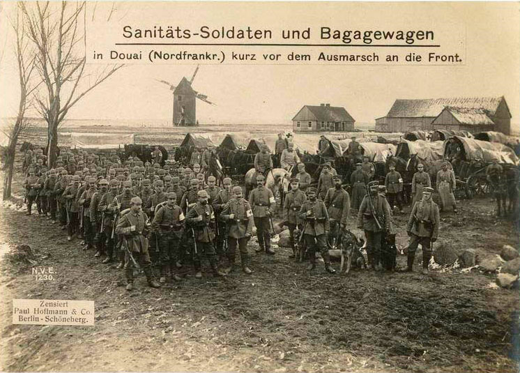 Medics and baggage carriages in Douai (Northern France) shortly before moving to the front. 