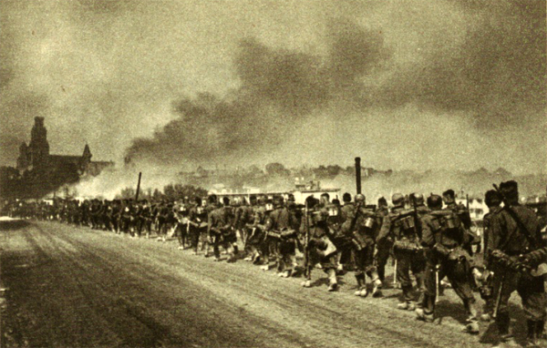 On June 23rd Grodno was taken after hard fight - German troops are moving in the burning town