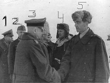 February 4 1943. Paulus meets with other German generals, captured in Stalingrad. 1. Generalleutnant Alexander Edler von Daniels. 2. Generalleutnant Hans-Heinrich Sixt von Arnim. 3. Generaloberst Walter Heitz. 4. Oberst Wilhelm Adam. 5. Generalfeldmarschall Friedrich Paulus
