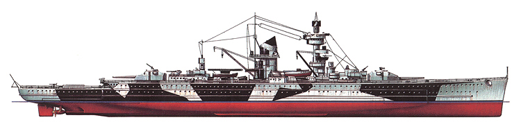 Admiral Scheer. In 1942 forecastle was rebuilt to make it less visible from the distance. Camouflage pattern was designed with light color painted bow and stern to make battle cruiser appear shorter